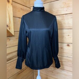 Vintage 70s Black Sheer Bubble Sleeve Women's 13/14 Blouse‎ Romantic Victorian